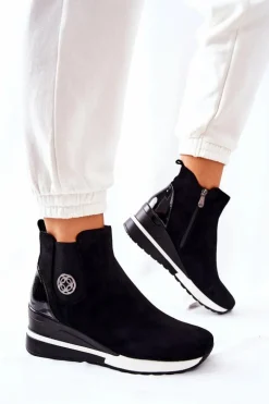 Zamszowe Botki Na Koturnie Czarne Lunelle