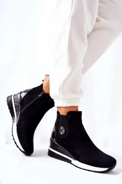 Zamszowe Botki Na Koturnie Czarne Lunelle