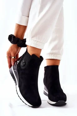 Zamszowe Botki Na Koturnie Czarne Lunelle
