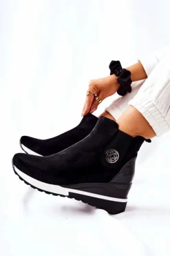 Zamszowe Botki Na Koturnie Czarne Lunelle