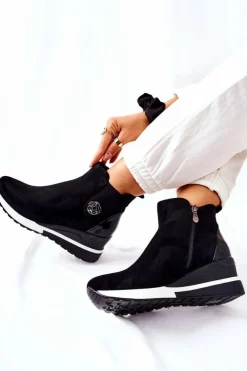 Zamszowe Botki Na Koturnie Czarne Lunelle