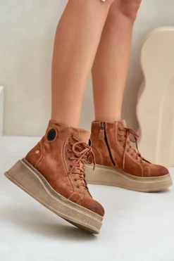 Zamszowe Botki Na Masywnej Platformie Maciejka 06309-29 Brązowe