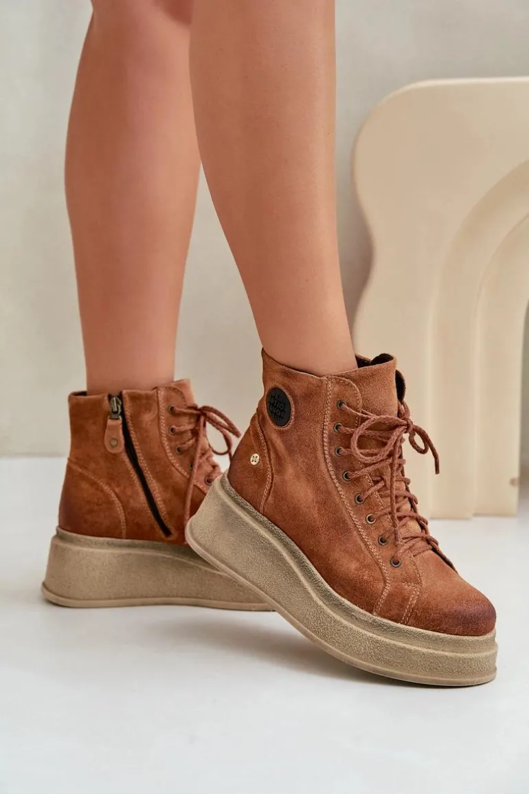 Zamszowe Botki Na Masywnej Platformie Maciejka 06309-29 Brązowe