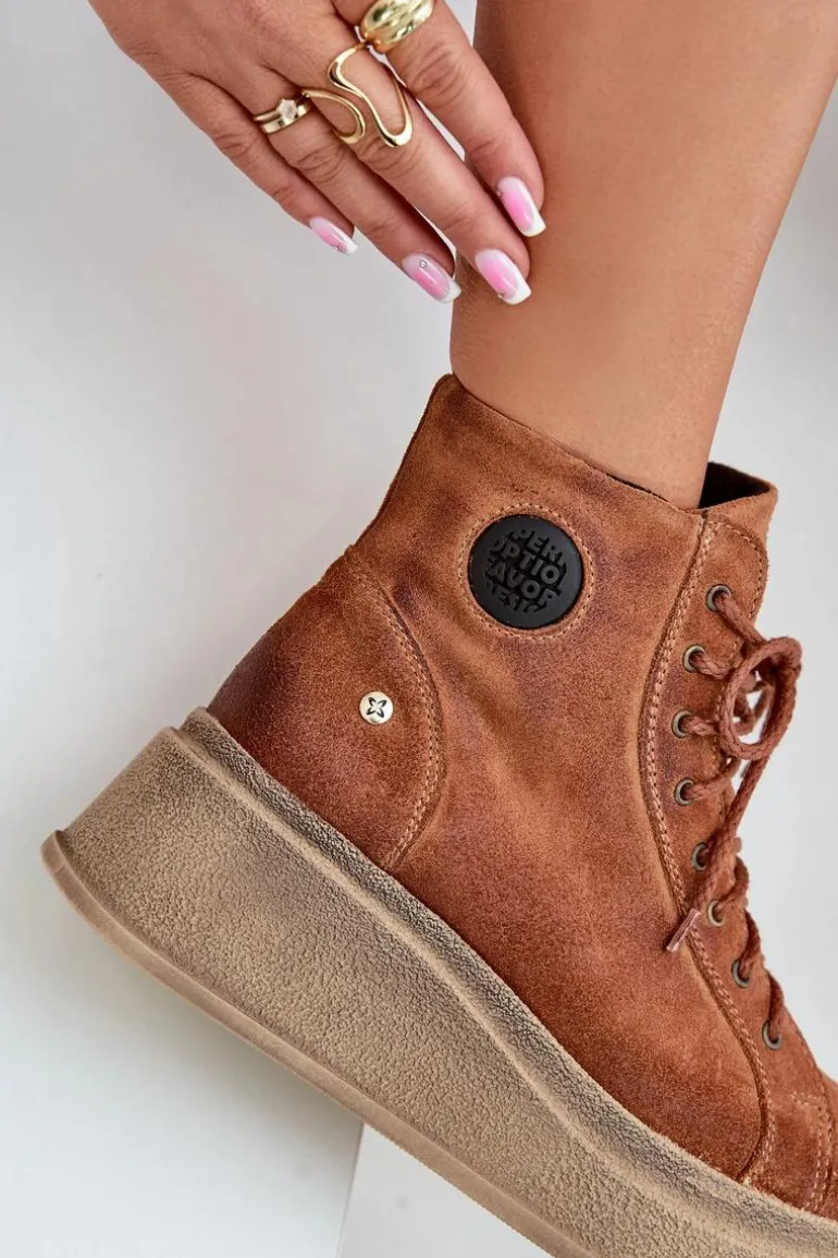 Zamszowe Botki Na Masywnej Platformie Maciejka 06309-29 Brązowe