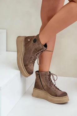 Zamszowe Botki Na Masywnej Platformie Maciejka 06309-02 Ciemnobrązowe