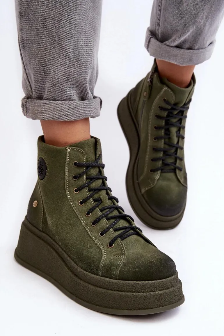 Zamszowe Botki Na Masywnej Platformie Maciejka 06309-24 Oliwkowe