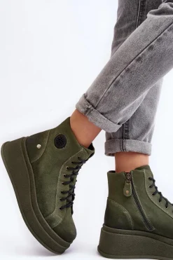 Zamszowe Botki Na Masywnej Platformie Maciejka 06309-24 Oliwkowe