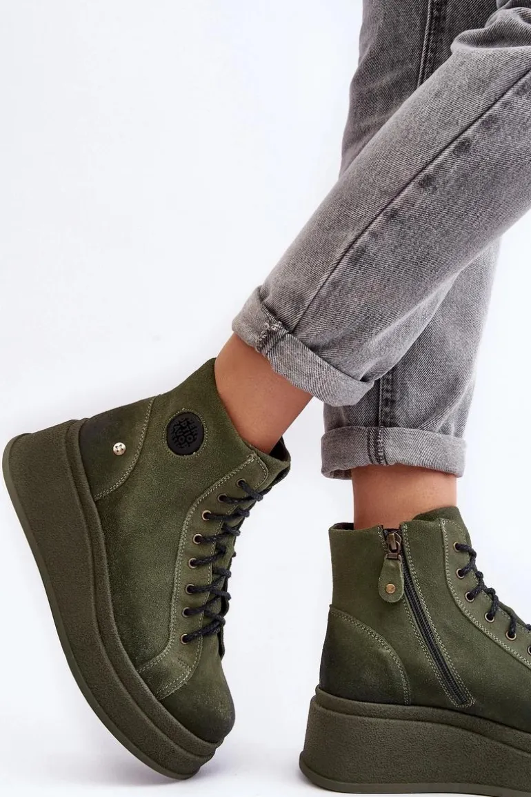 Zamszowe Botki Na Masywnej Platformie Maciejka 06309-24 Oliwkowe