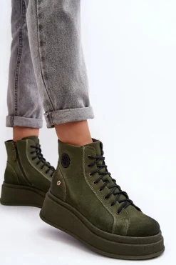 Zamszowe Botki Na Masywnej Platformie Maciejka 06309-24 Oliwkowe