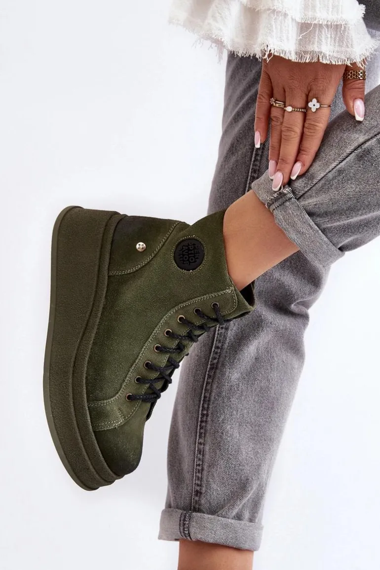 Zamszowe Botki Na Masywnej Platformie Maciejka 06309-24 Oliwkowe