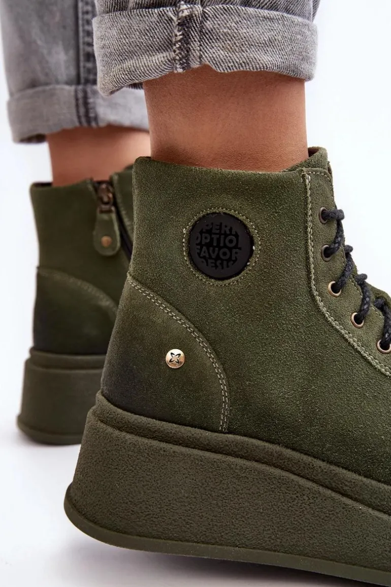 Zamszowe Botki Na Masywnej Platformie Maciejka 06309-24 Oliwkowe