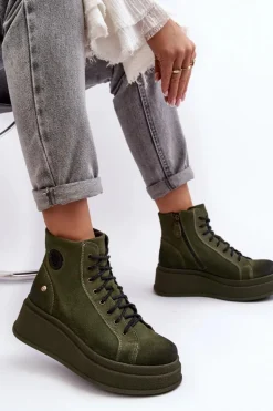 Zamszowe Botki Na Masywnej Platformie Maciejka 06309-24 Oliwkowe