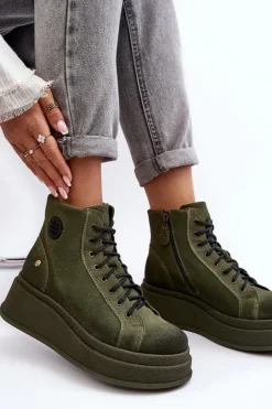 Zamszowe Botki Na Masywnej Platformie Maciejka 06309-24 Oliwkowe