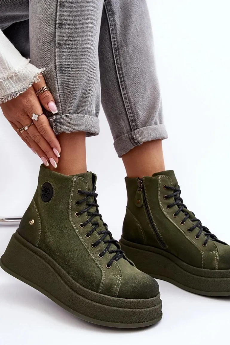 Zamszowe Botki Na Masywnej Platformie Maciejka 06309-24 Oliwkowe