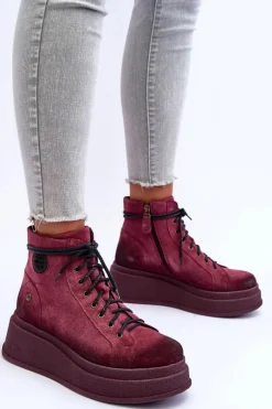 Zamszowe Botki Na Masywnej Platformie Maciejka 06309-23 Bordowe