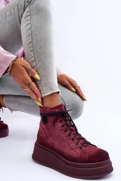 Zamszowe Botki Na Masywnej Platformie Maciejka 06309-23 Bordowe