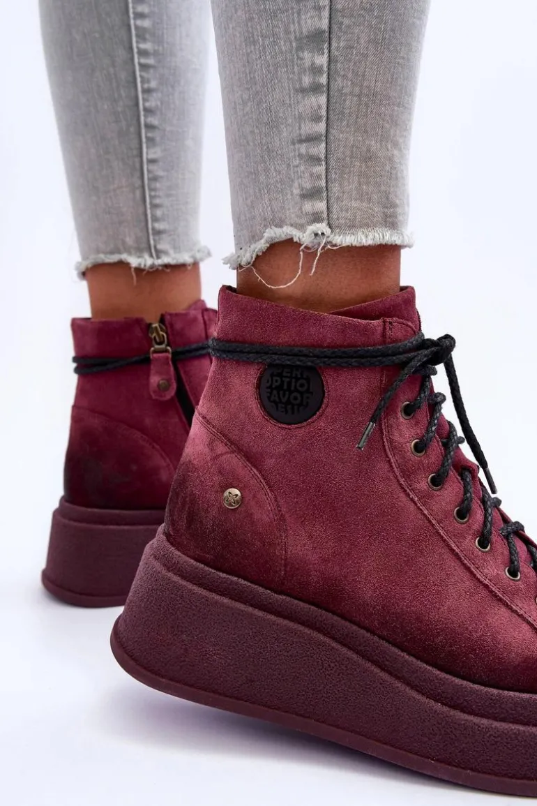 Zamszowe Botki Na Masywnej Platformie Maciejka 06309-23 Bordowe