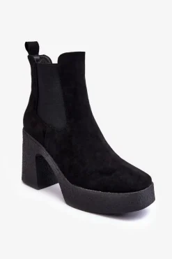 Zamszowe Botki Na Masywnym Słupku Czarne Sunilda
