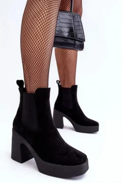 Zamszowe Botki Na Masywnym Słupku Czarne Sunilda