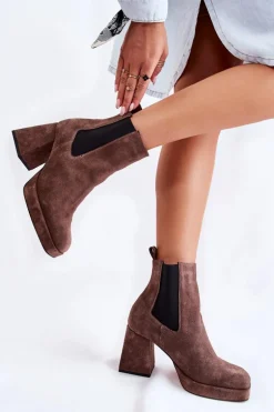 Zamszowe Botki Na Masywnym Obcasie Laura Messi 2519 Brązowe