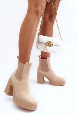 Zamszowe Botki Na Masywnym Słupku Beżowe Sunilda