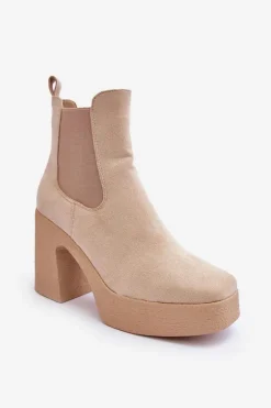 Zamszowe Botki Na Masywnym Słupku Beżowe Sunilda