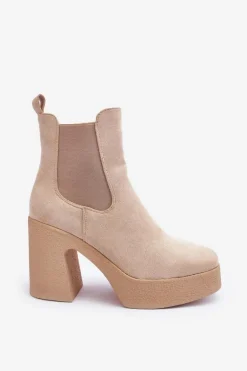Zamszowe Botki Na Masywnym Słupku Beżowe Sunilda