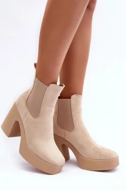 Zamszowe Botki Na Masywnym Słupku Beżowe Sunilda