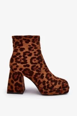 Zamszowe Botki Na Masywnym Obcasie Zwierzęcy Wzór Brązowe Abnous