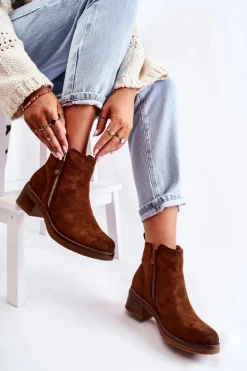 Zamszowe Botki Na Niskim Słupku Brązowe Laurisa