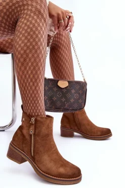 Zamszowe Botki Na Niskim Słupku Brązowe Laurisa