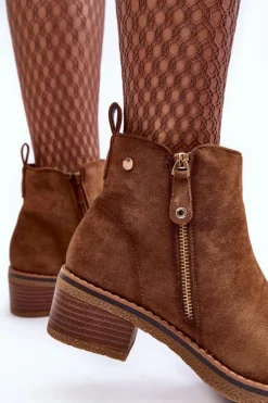 Zamszowe Botki Na Niskim Słupku Brązowe Laurisa