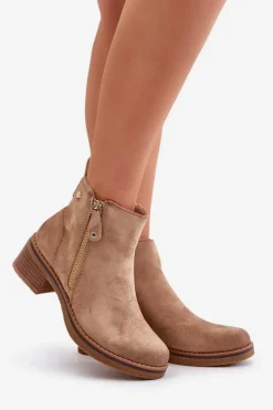 Zamszowe Botki Na Niskim Słupku Beżowe Laurisa