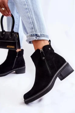 Zamszowe Botki Na Niskim Słupku Czarne Laurisa