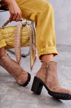 Zamszowe Botki Na Obcasie Z Suwakiem Beżowe Sevione