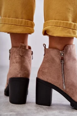 Zamszowe Botki Na Obcasie Z Suwakiem Beżowe Sevione