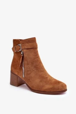 Zamszowe Botki Na Obcasie Z Klamrą Brązowe Bronte