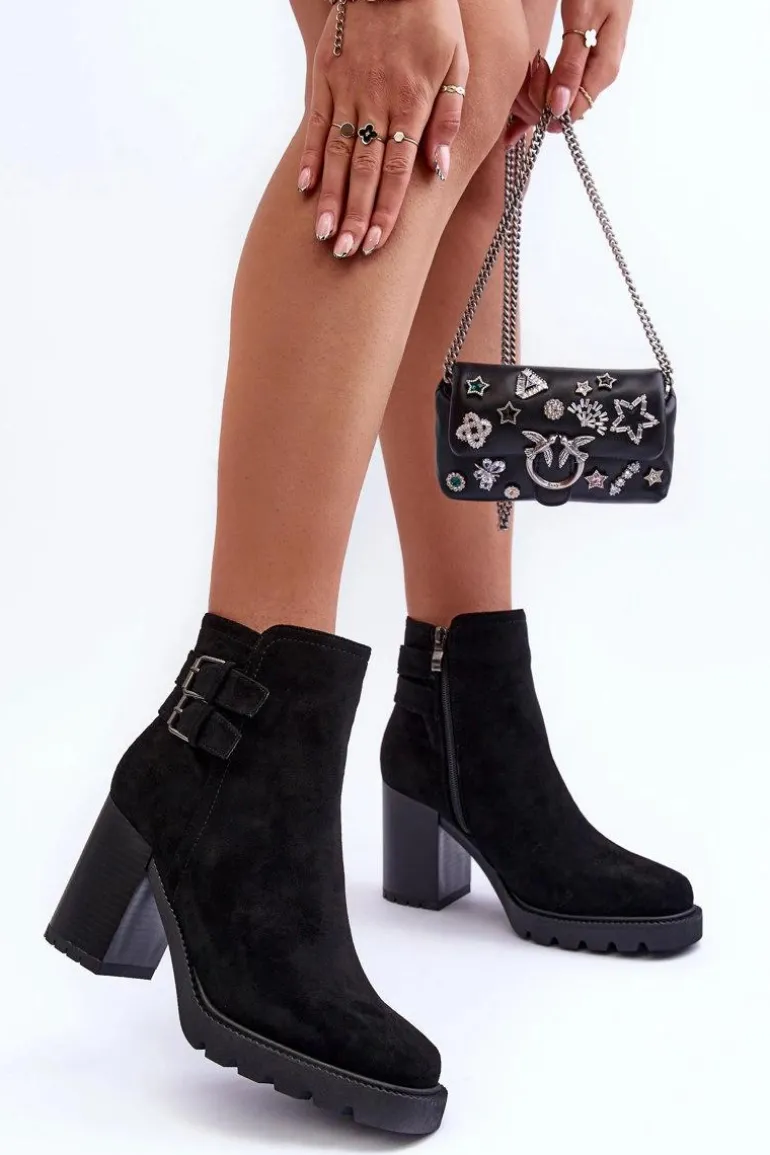 Zamszowe Botki Na Obcasie Czarne Makeline