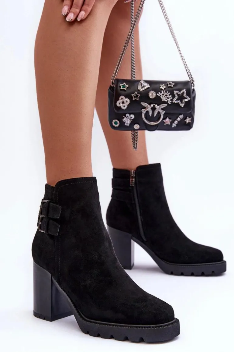 Zamszowe Botki Na Obcasie Czarne Makeline