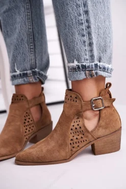 Zamszowe Botki Na Obcasie Z Klamrą Camel Esen