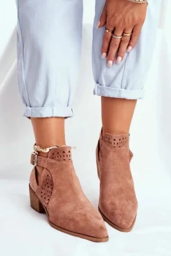 Zamszowe Botki Na Obcasie Z Klamrą Różowe Esen