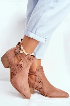 Zamszowe Botki Na Obcasie Z Klamrą Różowe Esen