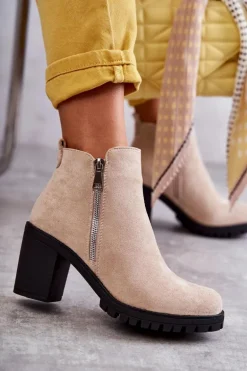 Zamszowe Botki Na Obcasie Z Suwakiem Jasnobeżowe Sevione