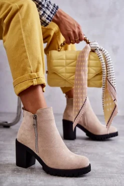 Zamszowe Botki Na Obcasie Z Suwakiem Jasnobeżowe Sevione