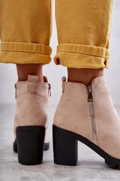 Zamszowe Botki Na Obcasie Z Suwakiem Jasnobeżowe Sevione