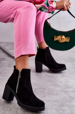 Zamszowe Botki Na Obcasie Z Suwakiem Czarne Sevione