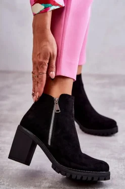 Zamszowe Botki Na Obcasie Z Suwakiem Czarne Sevione