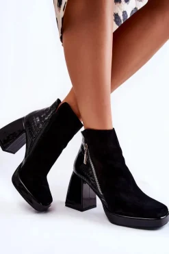 Zamszowe Botki Na Obcasie Geometryczny Wzór Czarne Alienore
