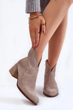 Zamszowe Botki Na Obcasie Na Suwak Beżowe Resso