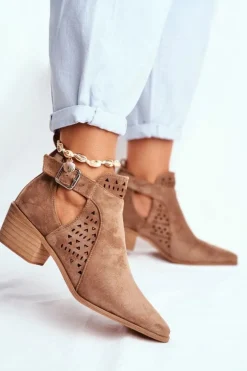 Zamszowe Botki Na Obcasie Z Klamrą Beżowe Esen